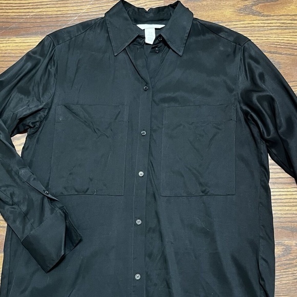 Black Satin Shirt‎ Dress Long Sleeve Button Up Pockets Oversized XS - Picture 4 of 10